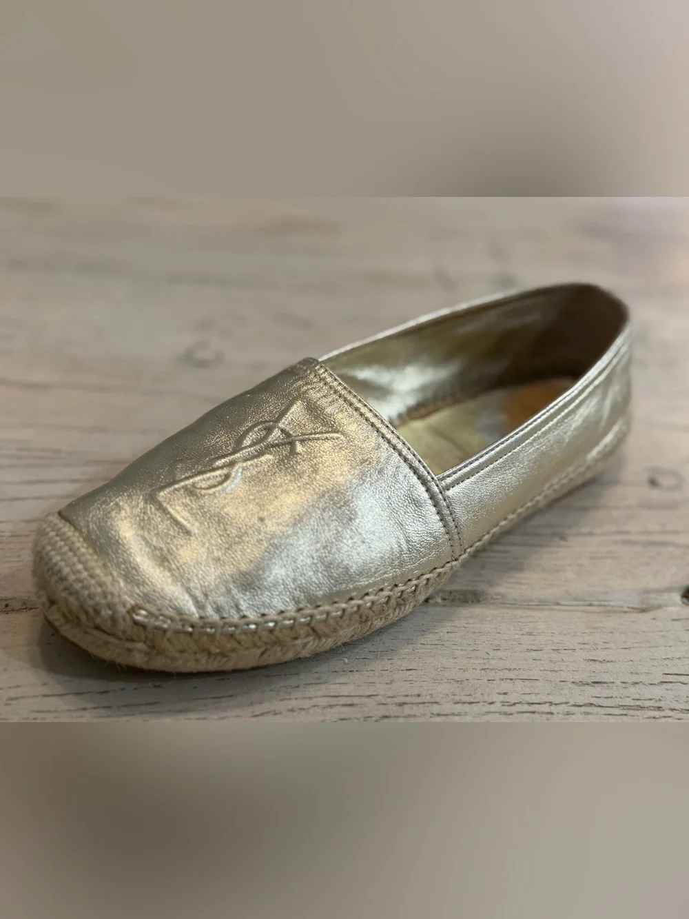 Yves Saint Laurent Gold Leather Monogram Espadrilles size 37.5